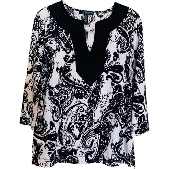Ralph Lauren Black White Paisley Tunic Blouse Size M - Picture 1 of 14